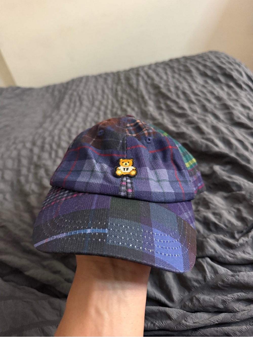 Teddy Fresh Purple Plaid Kids Cap with Bear Patch